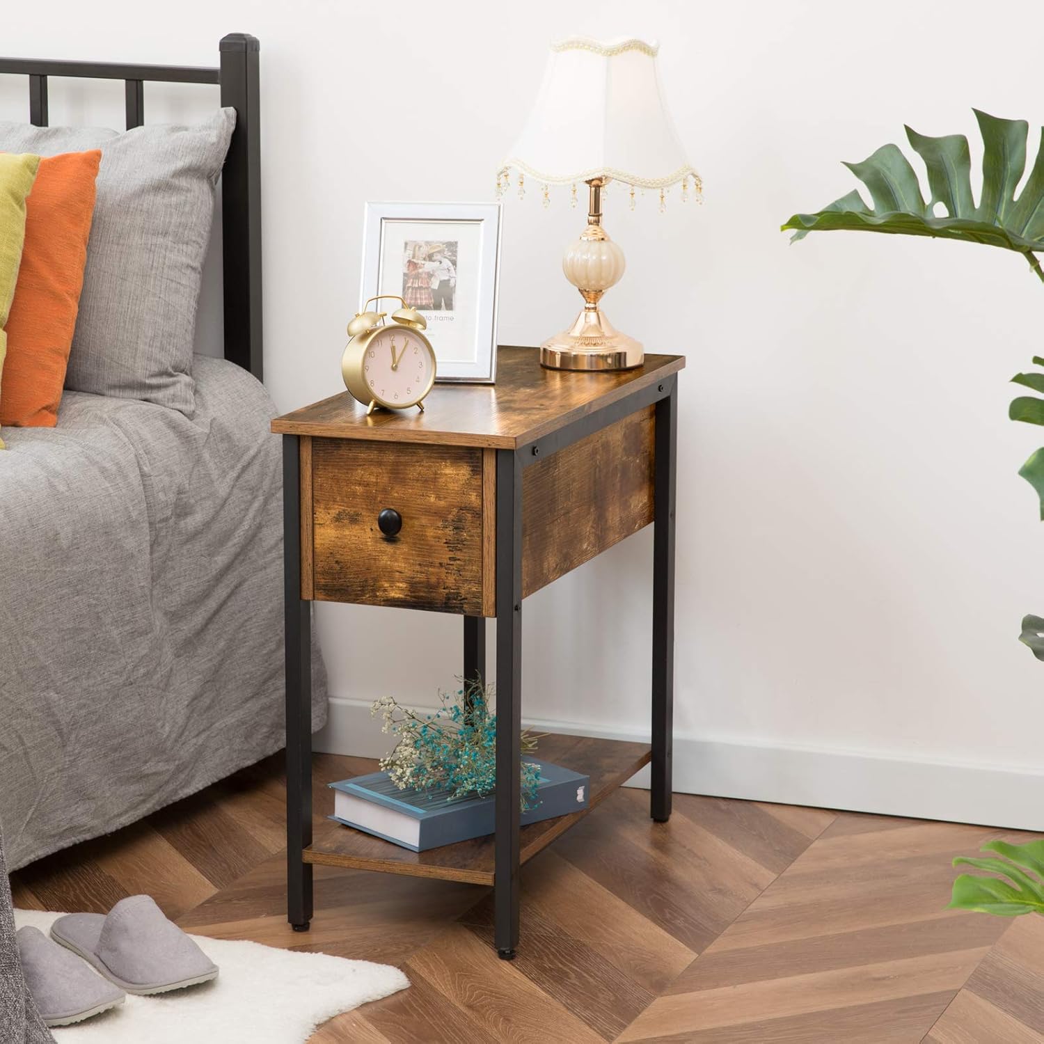 HOOBRO Side Table, 2-Tier Nightstand with Drawer, Narrow End Table for Small Spaces, Stable and Sturdy Construction, Wood Look Accent Furniture with Metal Frame, Rustic Brown and Black BF04BZ01: Kitchen & Dining