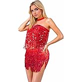 Baisdan Sequin Skirts for Women, Sequin Two Piece Set, Sparkly Skirt for Women, Glitter Fringe Skirt and Top Set, 2Pack