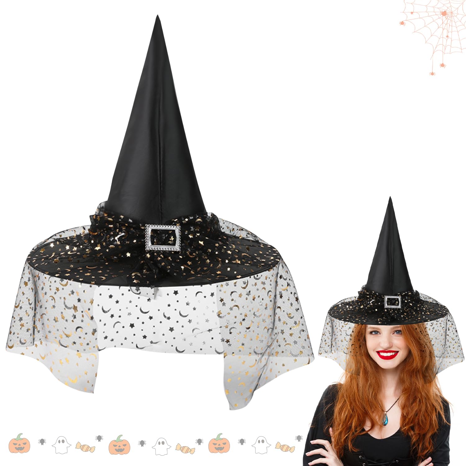 Witch Hat, Black Witches Hat, Halloween Pointed Wizard Hat with Veil Star Moon Patterns, Halloween Costume Fancy Dress Accessories Halloweens Dress Up for Masquerade Parties Women Kids A9XYNWM