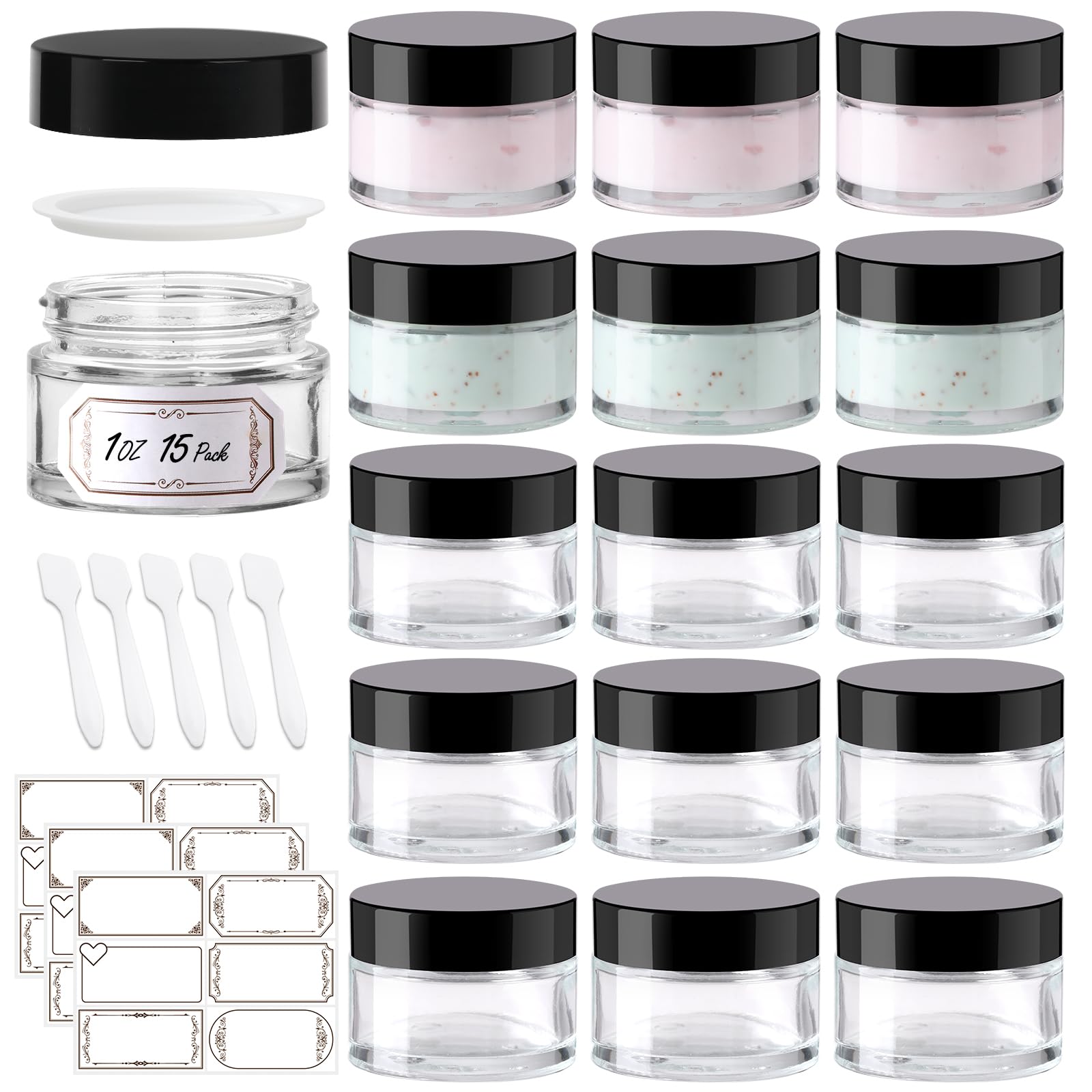 Photo 1 of 15 Pack 1 oz Glass Jars with lids, Clear Cosmetic Jars with Inner Liners and Black Lids, Lotion Jars, Candle Making Jars for Lotions, Scrubs and Cosmetic, Lables and Spatulas Include