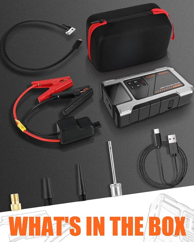 Booster Batterie Voiture avec Gonfleur Puissant 6000A Fonction de Gonflage des Pneus 150PSI Essence 10L Diesel 8.5L Température de décharge -20 ℃ à 70 ℃ (PD-JA2)