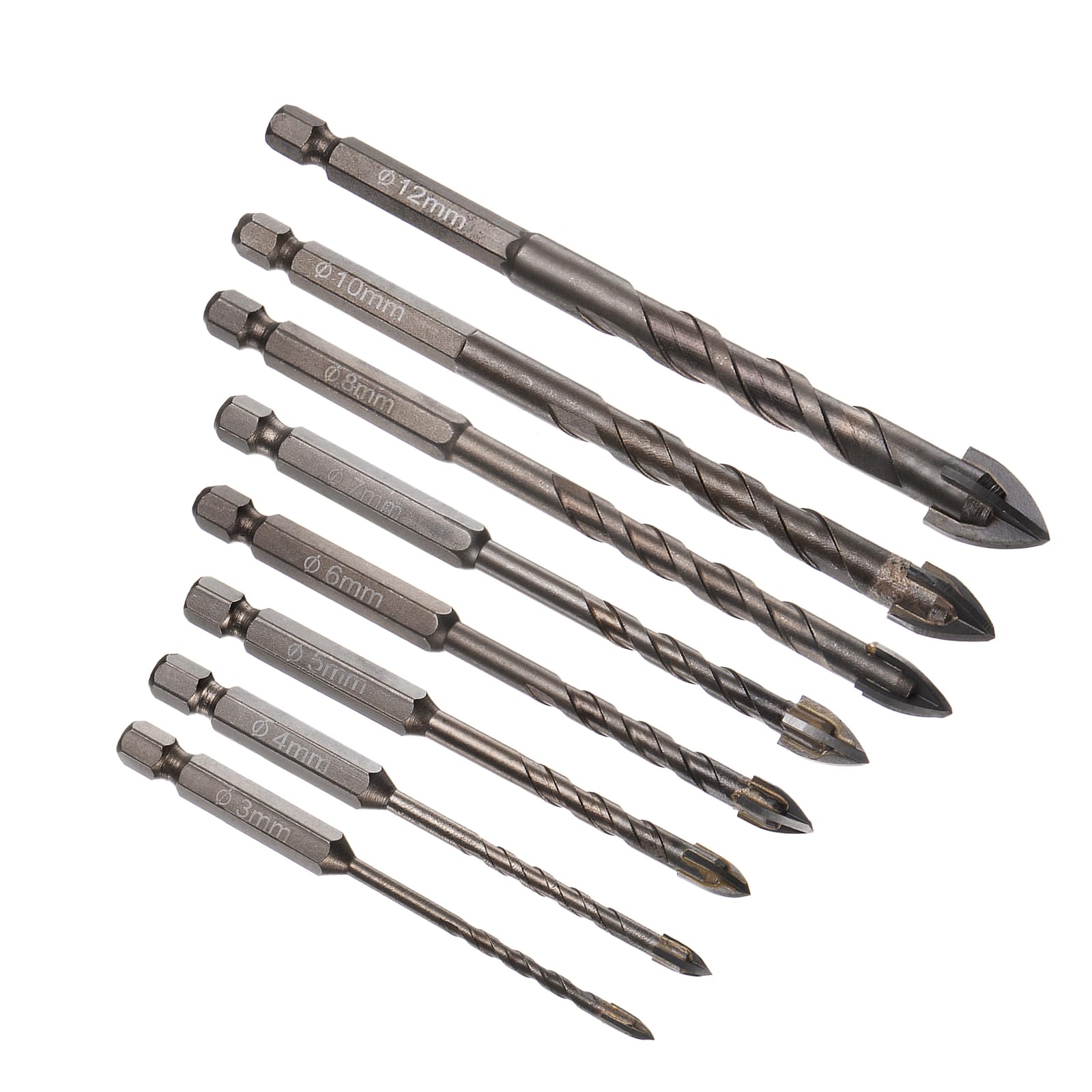 Kozelo 8pcs Masonry Drill Bit Set - [ 3mm to 12mm ] Concrete Drill Bit Set for Brick/Glass/Plastic/Ceramic Tile Use, 1/4" Hex Shank, Carbide