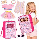 Ecore Fun 18 Inch Doll Accessories Set, 2-Doll Carrier Bag with 2 Outfits | 7 Pcs, Holds 2 Dolls, Storage Bag, Doll Clothes (Romper, Top, Skirt) , Hairclip, Sunglasses, Headband, For 18"Dolls, No Dolls