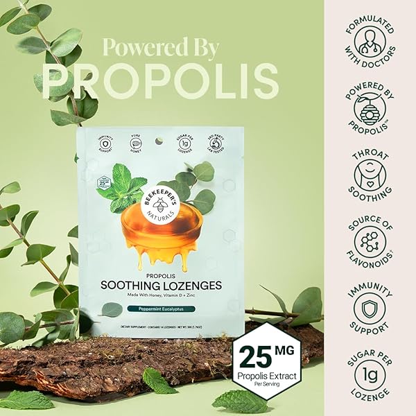 BEEKEEPER’S NATURALS SOOTHING MINT EUCALYPTUS COUGH DROPS, IMMUNE SUPPORT WITH VITAMIN D, ZINC AND PROPOLIS, COOLING & THROAT SOOTHING LOZENGES, 14 CT