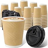 Funnymoom 140 Set 8 oz Disposable Coffee Cups with Lid Insulated Corrugated Paper Hot Cup Bulk Ripple Wall Insulated Water Mug Suitable for Chocolate Cocoa, Juice, Drink(Wavy Pattern,Kraft)