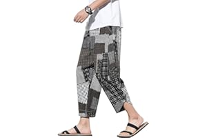 DOSLAVIDA Men's Casual Elastic Waist Linen Capri Pants Wide Leg Baggy Cotton Harem Yoga Trousers Loose Patchwork Short