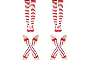 Ysanciuu 4 Pairs Striped High Knee Socks,Red and White Socks Long Arm Warmer Gloves Crazy Outfits for Cosplay Costume Dress Up Birthday Halloween Party Supplies