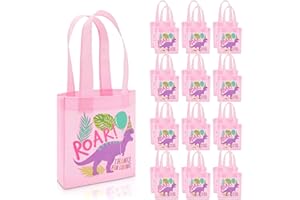 BLUE PANDA Dinosaur Girl Party Gift Bags - Small Pink Totes, 24 Count - Dinosaur Favor Goodie Bags for Birthday Party Supplies