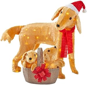 Home Accents Holiday 2-Piece Adorable Dogs LED Golden Retriever with Basket of Puppies