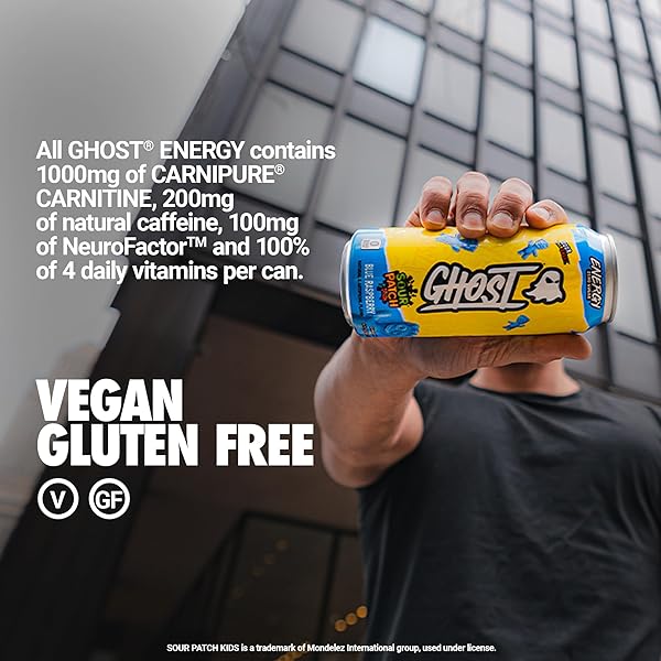 GHOST ENERGY DRINK – 12-PACK, SOUR PATCH KIDS BLUE RASPBERRY, 16OZ – ENERGY & FOCUS & NO ARTIFICIAL COLORS – 200MG NATURAL CAFFEINE, L-CARNITINE & TAURINE – GLUTEN-FREE & VEGAN