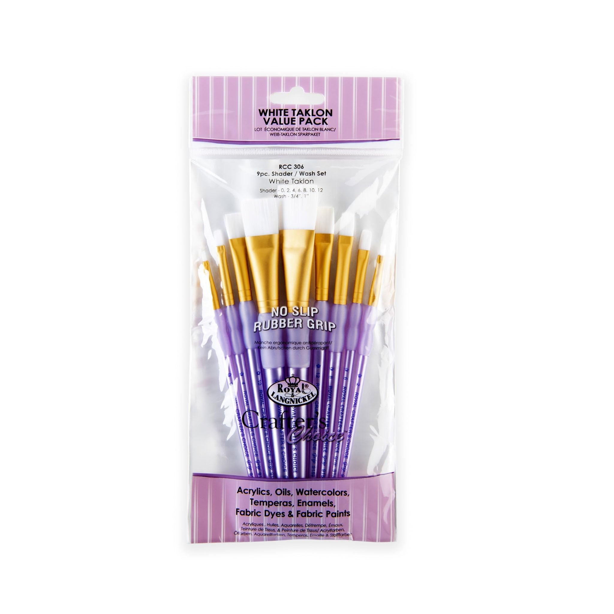 Royal and Langnickel RCC 306 Crafter's Choice Flat Taklon Variety Brush Set - White (Pack of 9)