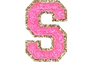 WISH YOUNG 3Pcs Chenille Letter Patches Iron on Patches Glitter Varsity Letter Patches Embroidered Patch Gold Border Sew On Patches for Clothing Hat Shirt Bag (Rose, S)