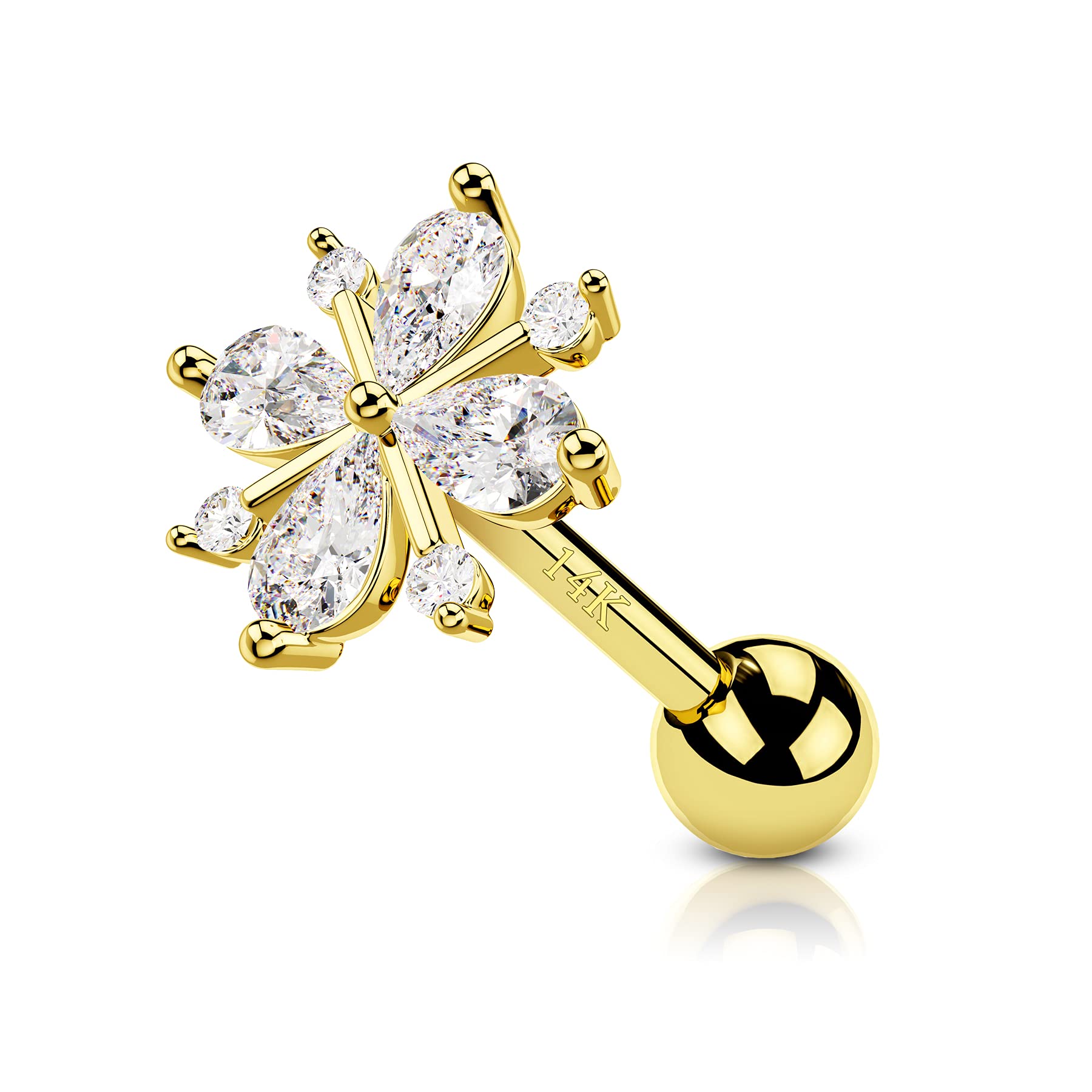 CM Crareesi Mania 14Kt Yellow Gold Tragus Piercing Jewellery 16g Cute Flower Cartilage Earrings 14K Real Gold Helix Piercing Jewelry Clear Cubic Zirconia Forward Helix Piercing Jewelry