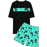 VahRuta Mens 2 Piece Summer Outfits Beach Vacation Outfit Hawaiian Coconut Printed Tee and shorts Set