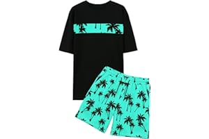 VahRuta Mens 2 Piece Summer Outfits Beach Vacation Outfit Hawaiian Coconut Printed Tee and shorts Set