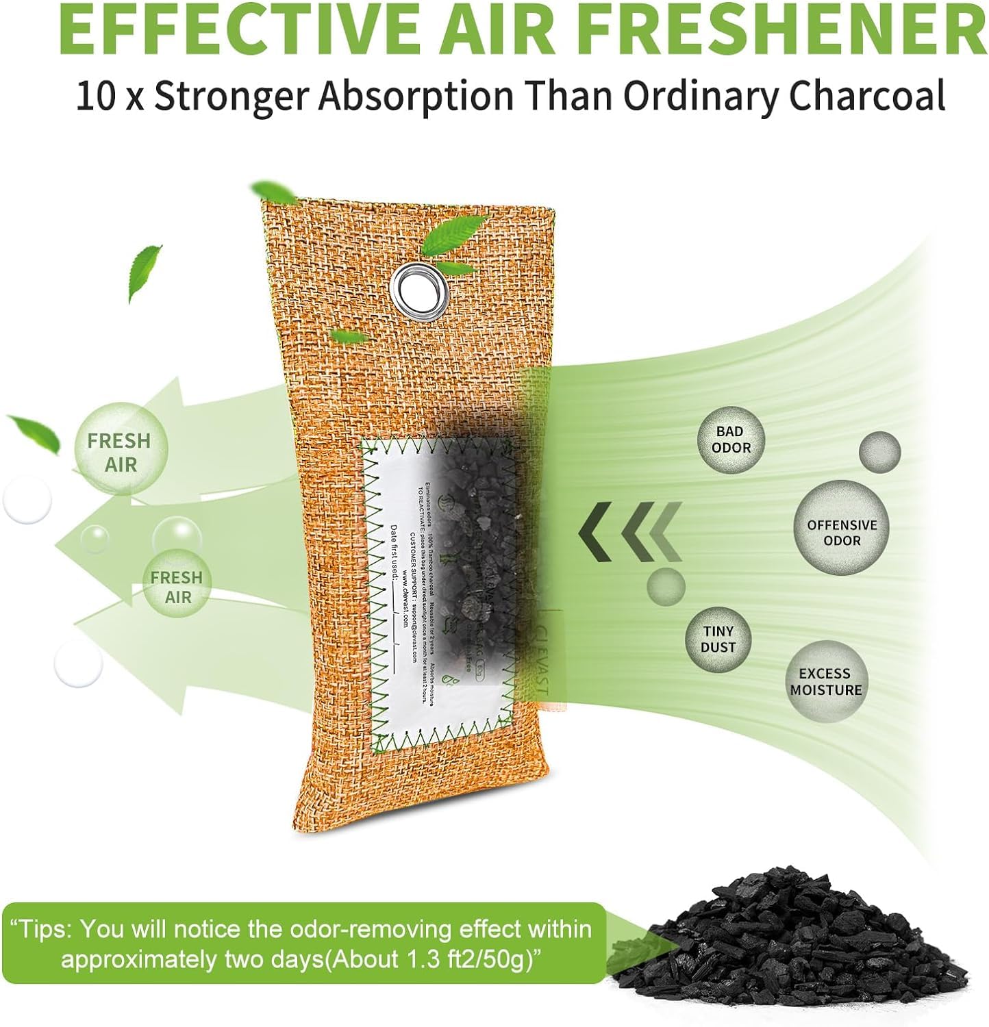 CLEVAST 6 Pack Bamboo Charcoal Air Purifying Bags(6x60g), Activated Natural Home Odor Absorber, Deodorizer and Moisture Eliminator, Purifier for Closet, Shoe, Car Air freshener, Pet Safe
