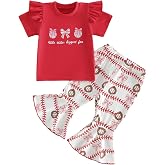KMBANGI Toddler Baby Girl Baseball Outfits Short Flutter Sleeves T-Shirt Pullover Tops Stripes Bows Flared Pants 2Pcs Clothes