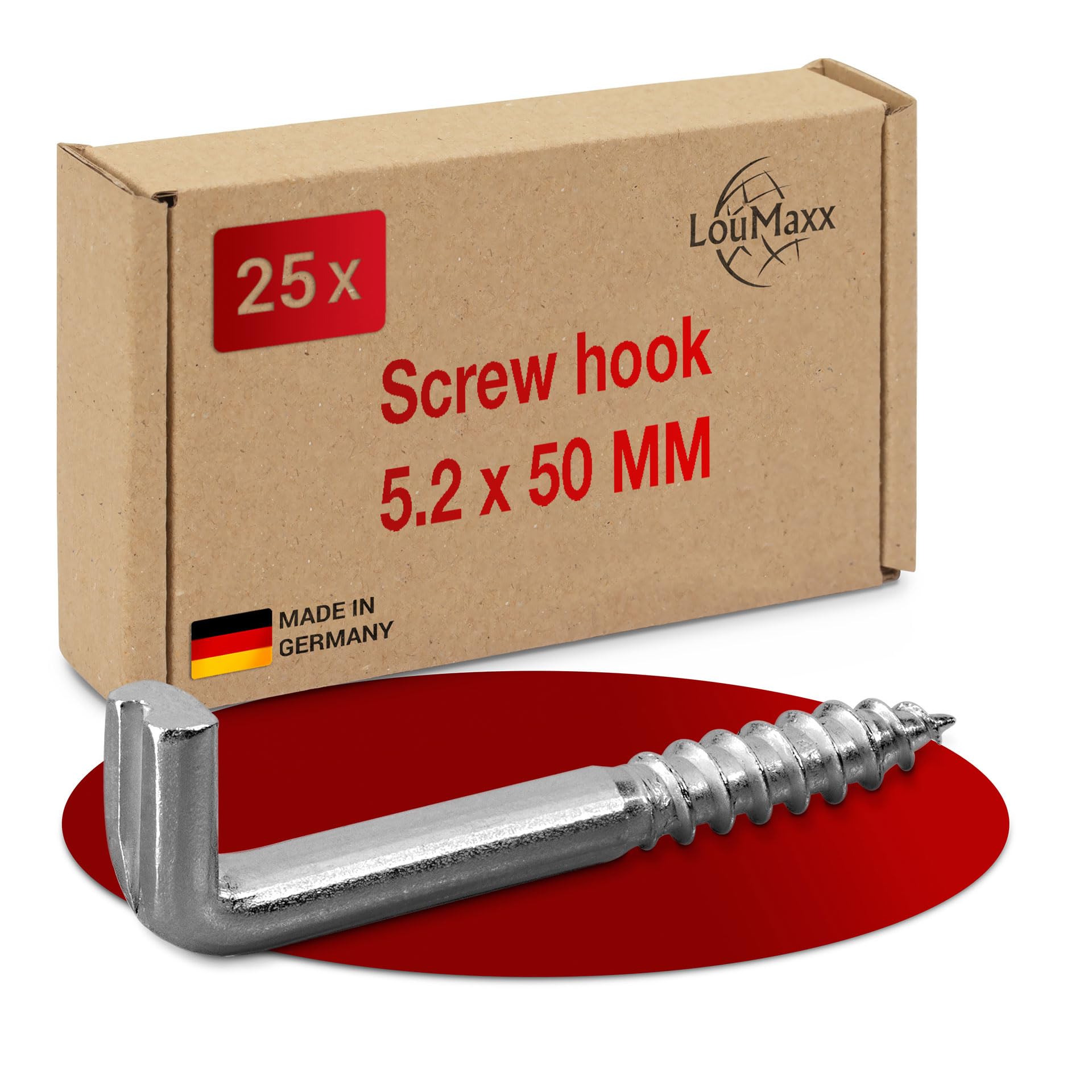 LouMaxx Galvanised Steel Screw Hooks - Set of 25, 5.2 x 50 mm, Up to 40 kg Load Capacity, Wall Mount, Industrial Style, Perfect for Pictures, Shelves & More
