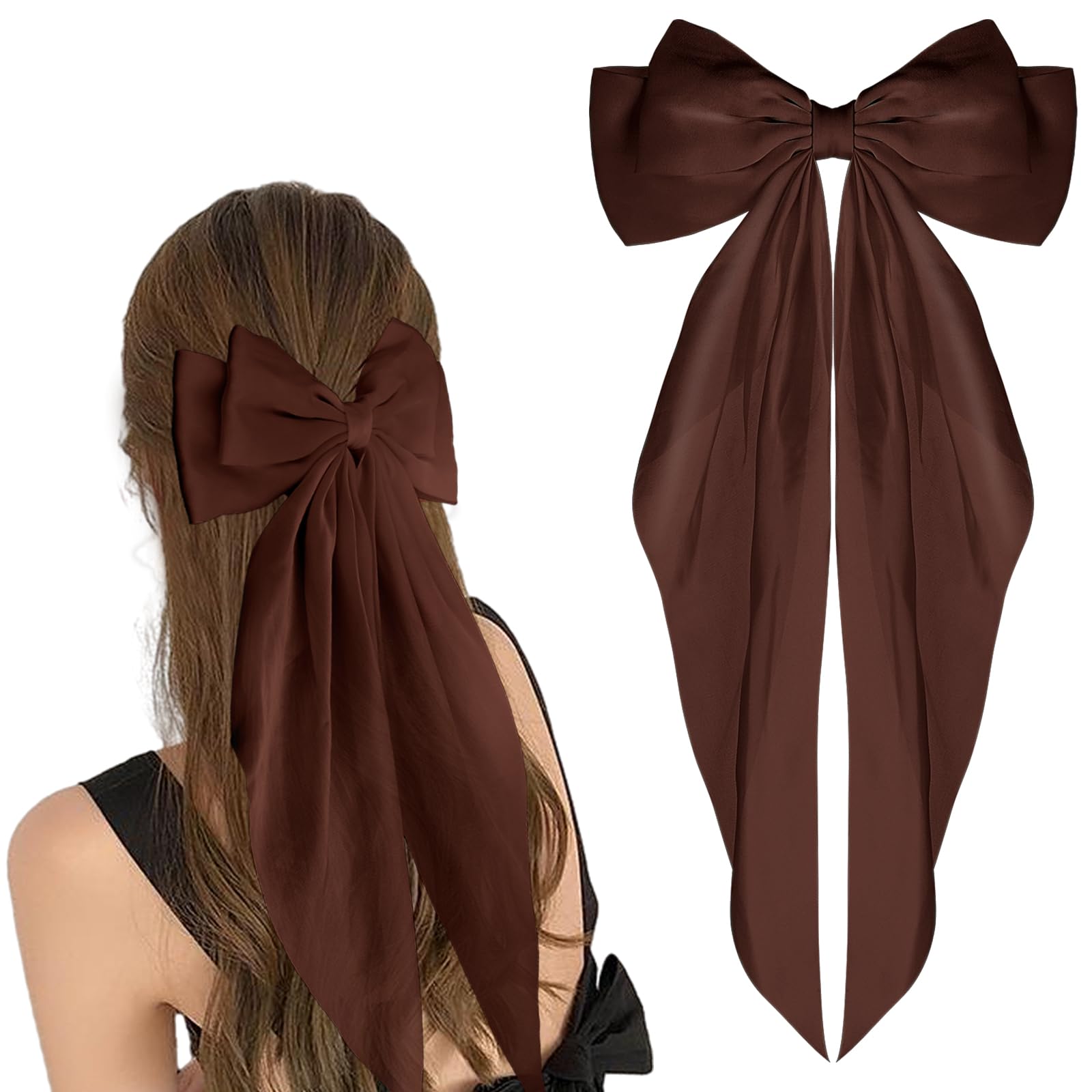 WLLHYF Big Bow Barrettes Long Tail French Ribbon Hair Pins Soft Silky Satin Hair Clip Metal Bowknot Clips 90's Accessories for Party Women Girl (Dark brown)