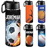 Artiglow Personalized Water Bottle for Kids for School, Customized Kids Insulated Bottle with Name for Boys, Stainless Steel Thermo with Straw, 18oz, Back to School Supply, Basketball Soccer Baseball