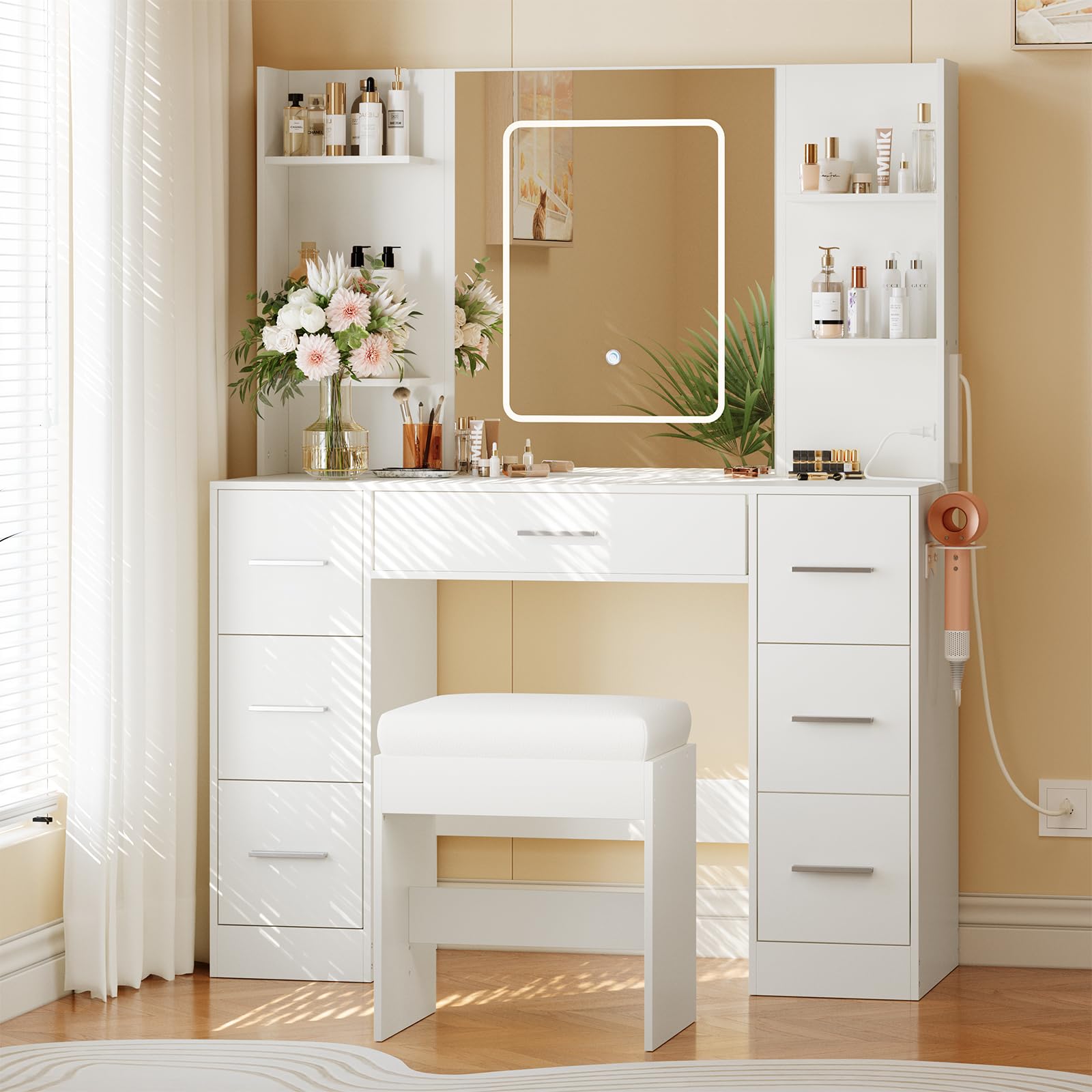 Photo 1 of Garvee Vanity Desk with Lights, Makeup Vanity with Mirror and Chair, Power Outlet, Hair Dryer Rack, 7 Drawers, 3 Lighting Modes Brightness Adjustable Dressing Table for Bedroom (White)