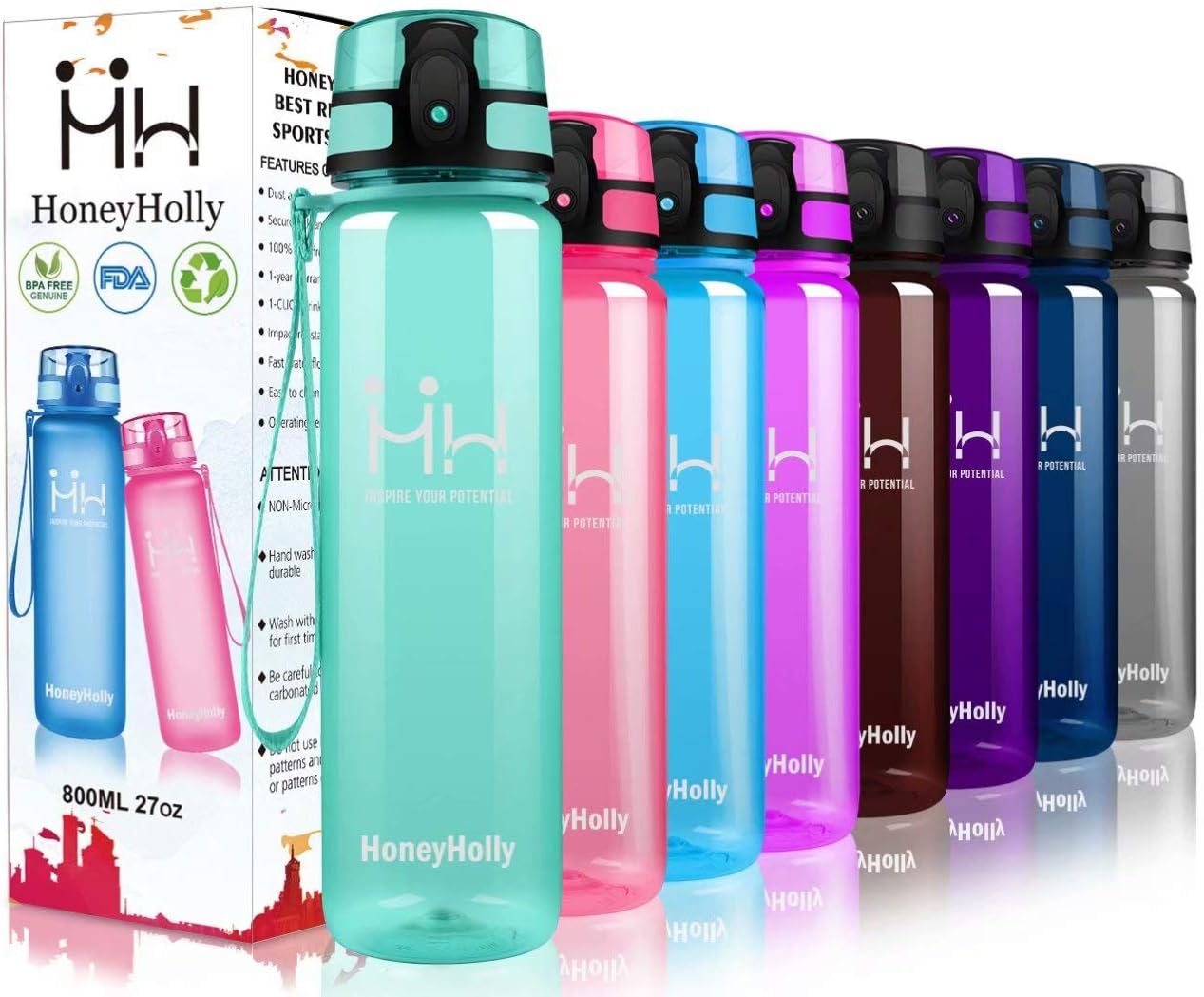 HoneyHolly Water Bottle with Time Marker 350/500/800ml/1L Leakproof BPA-Free Reusable Tritan Plastic Large Sports Water Bottles with Filter Eco Friendly for Kids School Fitness Bike Camping Hiking