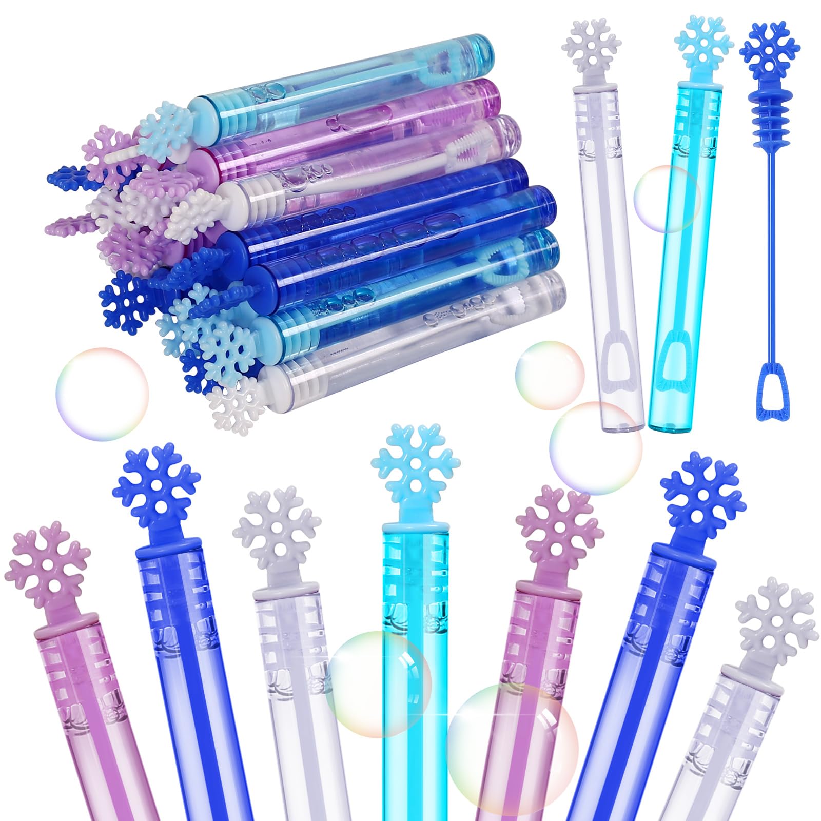 Photo 1 of 24Pcs Christmas Snowflake Bubble Wands for Kids, Mini Xmas Bubble Wand Toys Party Favors Xmas Bubbles Toys Gift for Christmas Classroom Awards Goody Bag Fillers Party Supply