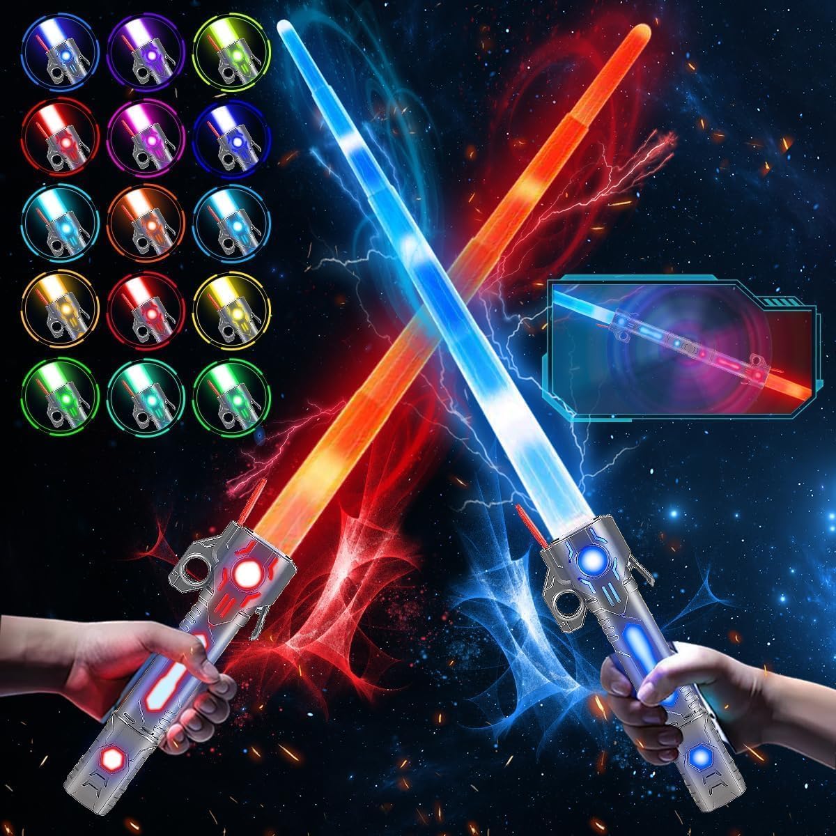 VATOS Wiederaufladbare Lichtschwerter 2er Set für Kinder, 2-in-1 Retractable LED Laserschwert mit 15 Farben & Dynamischem Sound, für Kostüm Cosplay Geburtstagsgeschenk und Rollenspiel