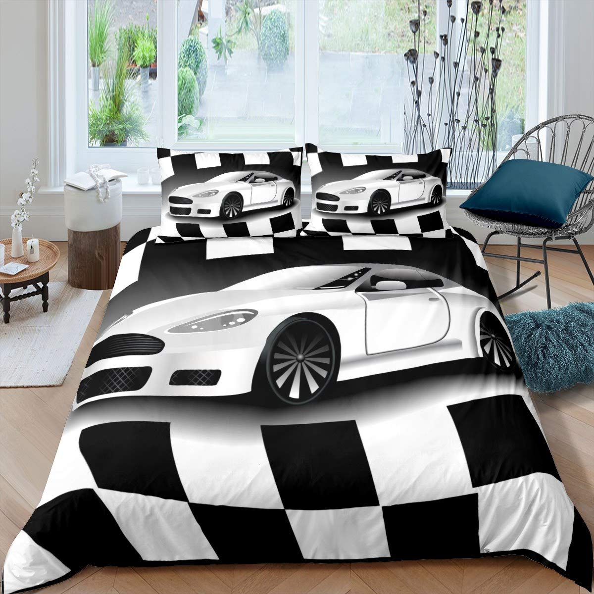 Loussiesd Boys Race Sports Car Duvet Cover Black White Grid Plaid Bedding Set Extreme Sports Theme Comforter Cover for Teens Men Room Decor Modern Automobile Style Bedspread Cover Single