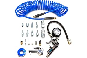YOTOO Heavy Duty Air Compressor Accessories Kit 20 Pieces with 1/4 inch x 25 feet Polyurethane Air Compressor Hose, 100 PSI Tire Inflator Gauge, Air Blow Gun and Air Hose Fittings