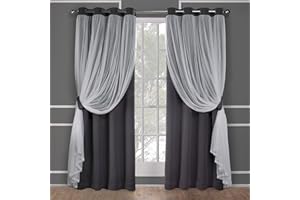 EXCLUSIVE HOME CURTAINS Exclusive Home Catarina Layered Solid Room Darkening Blackout and Sheer Grommet Top Curtain Panel Pair, 52"x84", Black Pearl