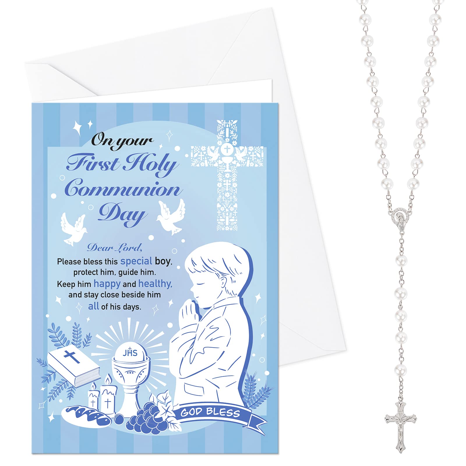 HOWAF First Holy Communion Card for Boys, Congratulations Card & Rosary Beads Catholic Pearl Cross Necklace for First Holy Communion Gifts for Boys, Son, Grandson, Blue