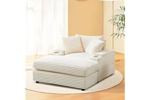 BUIORD 44" Oversized Beige Corduroy Chaise Longue with Storage Spaces⋓ Holder,Comfy Thicked Upholstered Pad Lounge Chair with Ottoman,Soild Wood Sleeper Reclining Chair