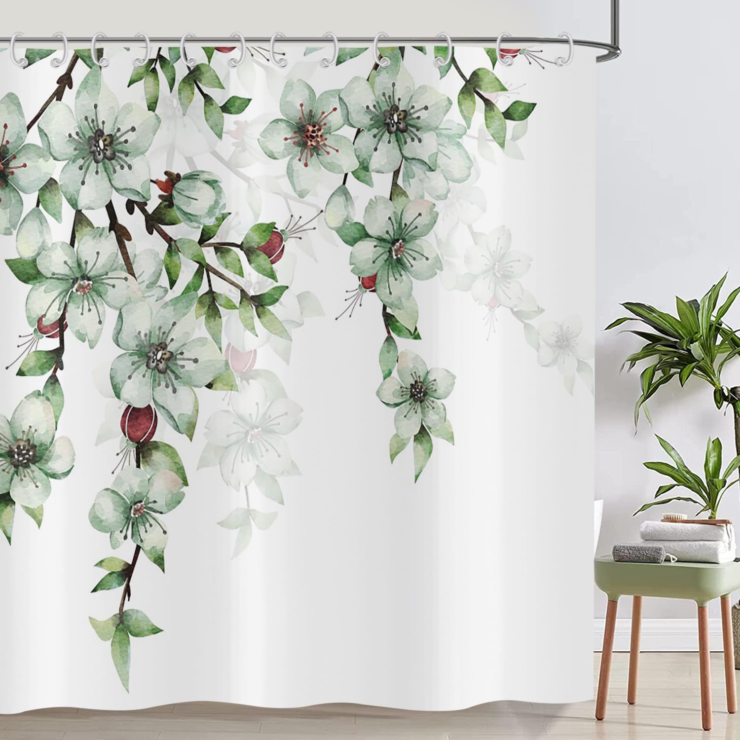 ASDCXZ Flower Shower Curtain 180x180 cm, Spring Hand Painted Green Flower Leaves Red Balausta White Bath Washable Shower Curtains Polyester Textile Waterproof Bath Curtain for Bathtub with 12 Hooks — image 1