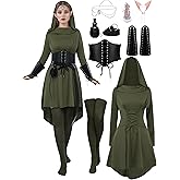 AOTHSO 10 Pcs Women Medieval Renaissance Halloween Fairy Costumes Set Medieval Hooded Robe Elf Accessories Cosplay