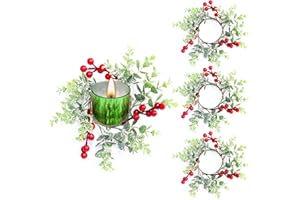 QTKJ 4 Pcs Mini Christmas Wreath, Artificial Christmas Wreath, Red Berries and Snow Green Leaves Candle Rings Wreaths, Christmas Decorations Indoor Outdoor（ 3‘’Inner Diameter）