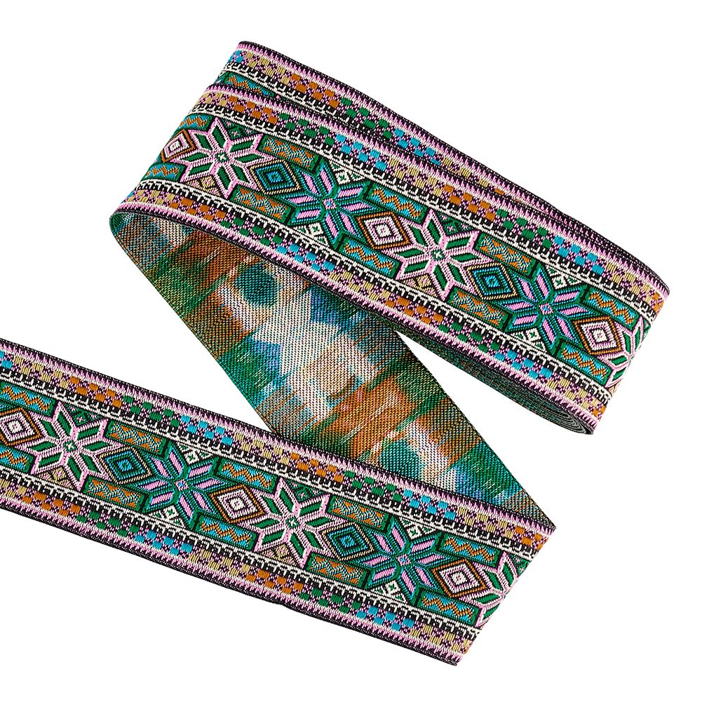 FINGERINSPIRE 7m Green Vintage Jacquard Ribbon 50mm Ethnic Style Diamond-Shaped Floral Pattern Embroidery Woven Trim Polyester Fabric Trim Retro Tyrolean Ribbon for Clothing, Craft Decor