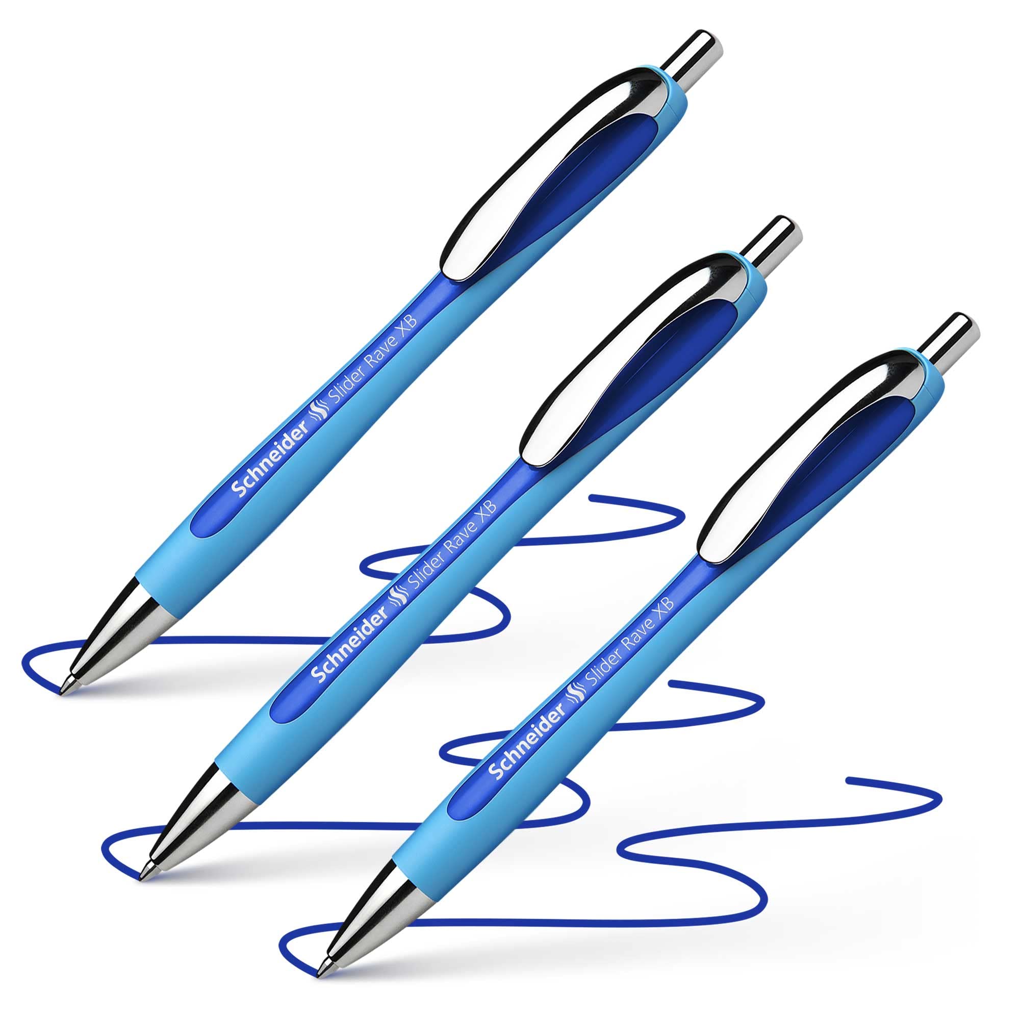 Schneider Slider Rave XB ballpoint pen (Stroke thickness:XB, indelible ink refill, made in Germany), economy pack of 3, ink colour: blue