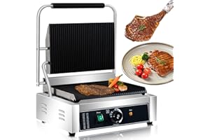 AEYDJXMER Commercial Panini Contact Grill Large Sandwich Press Panini Maker Machine ，14" x 9" Cooking Surface,110V, 2200W （grooved top and bottom）