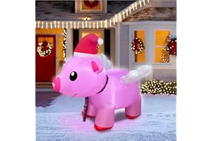 BLOWOUT FUN 4ft Inflatable Christmas Flying Pink Piggy Decoration, LED Lighted Blow Up Decor Indoor Outdoor Holiday Art Decor Decorations