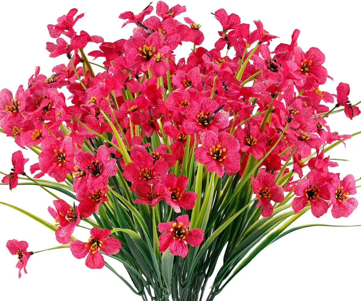 Ruiuzioong Artificial Violet Flowers Outdoor UV Resistant Fake Flowers 6pack No Fade Faux Plastic Plant Shrubs Greenery for Indoor Outside Hanging Planter Window Box Patio Home Decor (Rose Red)