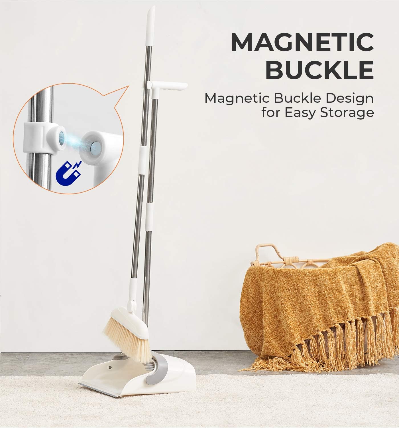 Magnetic Broom and Dustpan Set Standing with Adjustable Long Handle and Rotating Head for Home Kitchen Lobby Office Floor Cleaning: Kitchen & Dining