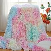 MYRU Plush Super Soft Blanket, Colorful Bedding Sofa Cover, Furry Fuzzy Faux Fur Throw, Cozy Tie Dye Shaggy Couch Blanket (51"x63", Rainbow)