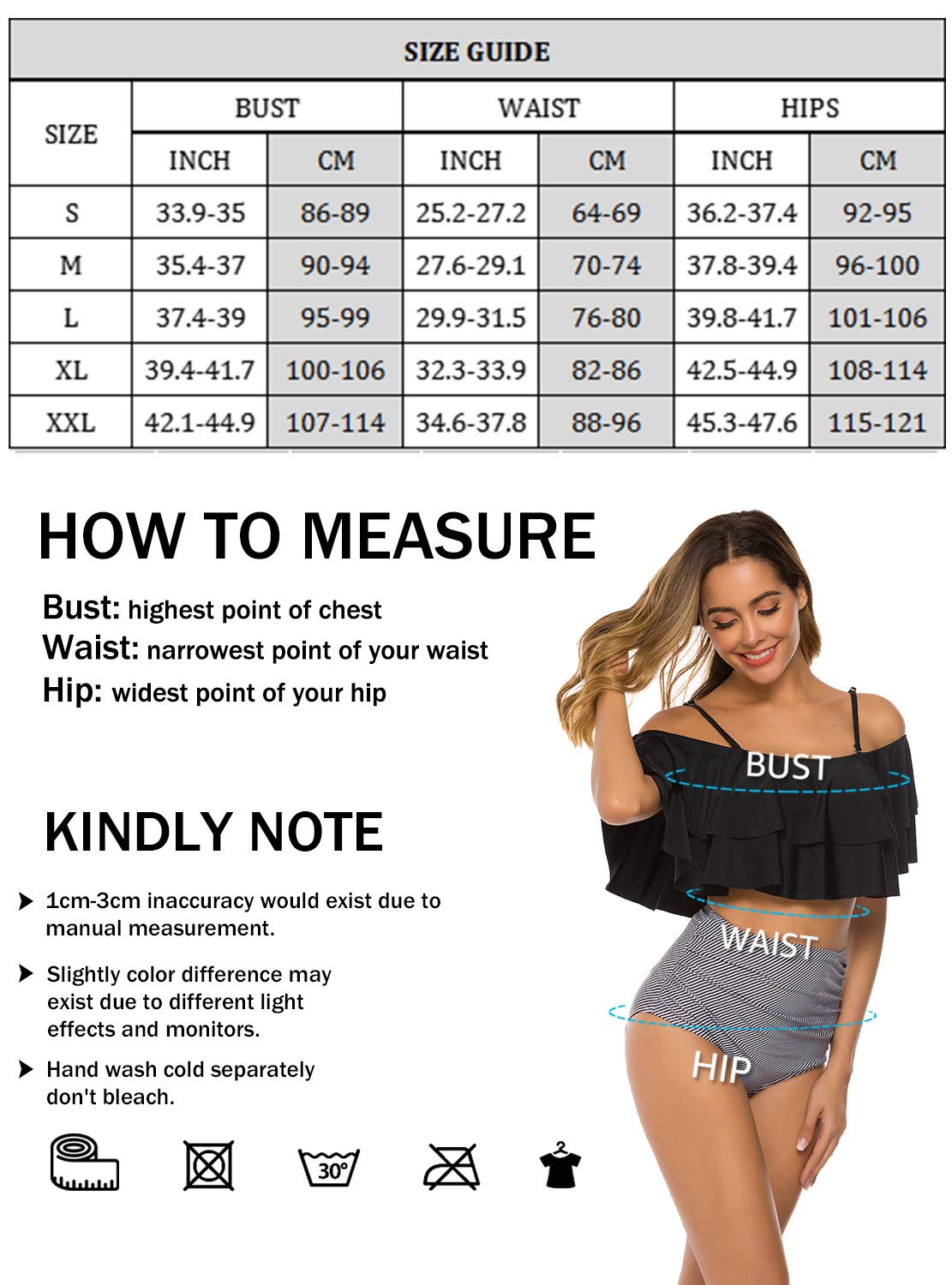 TRENDOUX Womens Swimsuits, Off The Shoulder Bathing Suits - Two Piece Flounce Crop Top Ruffle Bikini - Modest High Waisted Swimwear - Tummy Control Beachwear for Girls - Black S