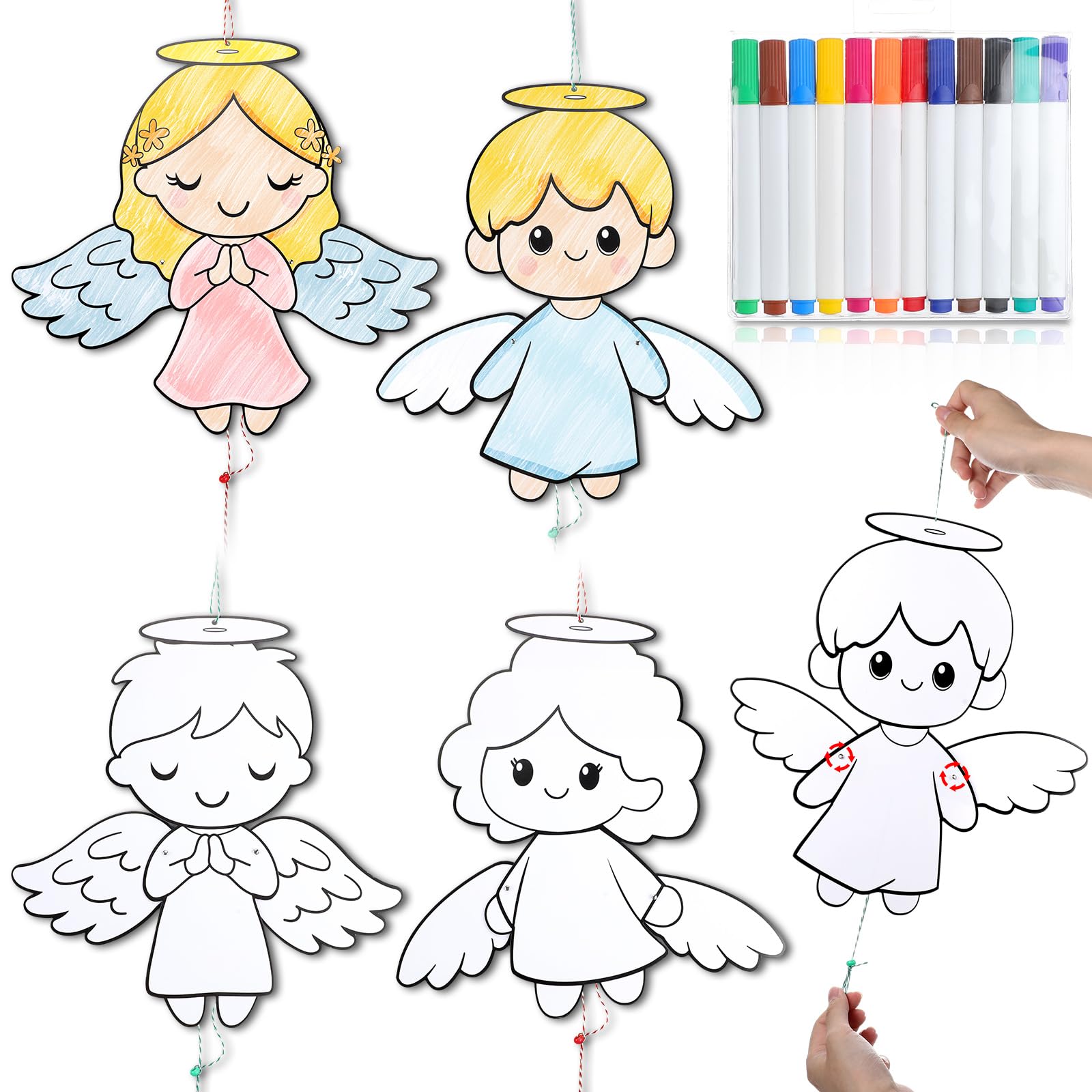 Photo 1 of Motiskyy 24 Set Religious Coloring Crafts Color Your Own Angel Ornaments Pull String Doll with Watercolor Pens Crafts Kits for Christian DIY Sunday Home VBS Activities