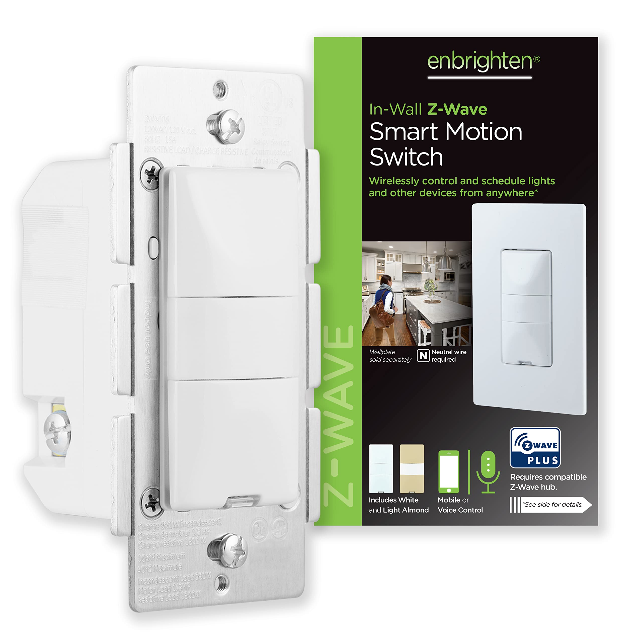 Photo 1 of Enbrighten Z-Wave Smart Motion Sensor Light Indoor, On/Off, Vacancy/Occupancy Sensor, Includes White & Almond, Zwave Hub Required, Works with SmartThings, Wink, & Alexa, Smart Light Switch, 26931