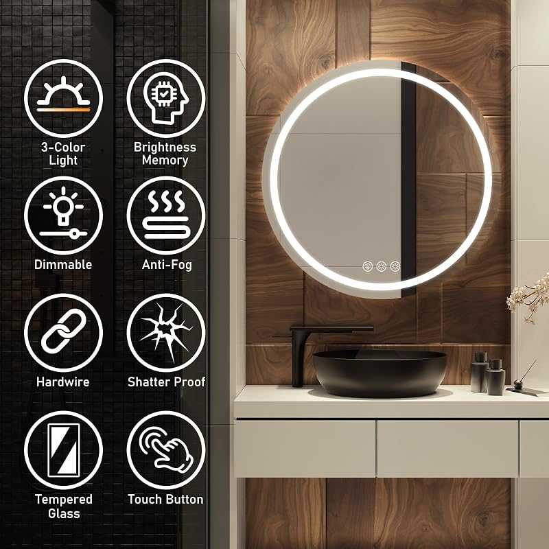 Espelho de casa de banho LED de 60 cm com luz redonda, luz de 3 cores, antiembaçador — foto 3 de 8