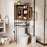 Tangkula Over The Toilet Storage Cabinet, 5-Tier Space Saver Above Toilet with 2 Mesh Doors, Metal Stand, Toilet Paper Holder & Hook, Freestanding Bathroom Cabinet Organizer for Laundry, Rustic Brown
