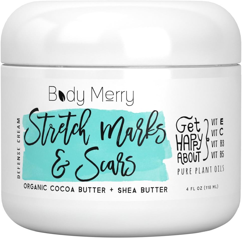 Stretch Marks & Scars Defense Cream Daily Moisturizer w Organic Cocoa Butter + Shea + Plant Oils + Vitamins to Prevent, Reduce and Fade Away Old or New Scars Best for Pregnancy, Men/Bodybuilders (4oz)