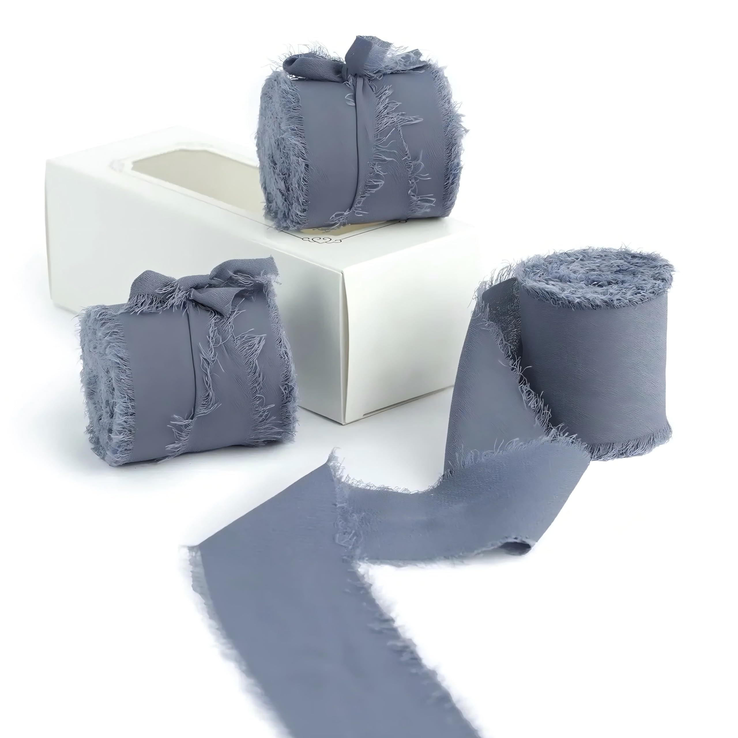 Photo 1 of 3 Rolls Dusty Blue Chiffon Ribbon 1.5" x 15Yd Handmade Frayed Fringe for Holiday Packaging and Wedding Decorations